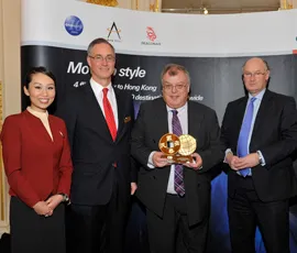 Queen Mary's Professor Laurie Cuthbert (centre) accepts the New Horizons award from Angus Barclay, General Manager Europe for Cathay Pacific (centre left) and Douglas Flint, Group Chairman of HSBC (centre right) at the Cathay Pacific China Business Awards