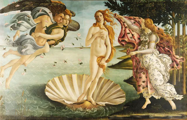 Renaissance painting of the birth of Venus, standing on a shell
