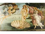 Renaissance painting of the birth of Venus, standing on a shell