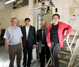 L to R: Professor Robert Hill, Pushkar Wadke, Dr David Gillam and Dr Natalia Karpukhina, by the solid state NMR spectrometer