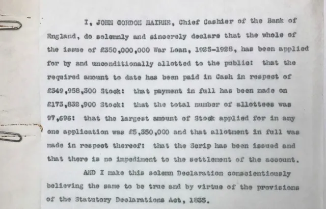 Sworn statement that all £350 million had been sold to the public © National Archives