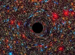 This computer-simulated image shows a supermassive black hole at the core of a galaxy. The black region in the center represents the black hole’s event horizon, where no light can escape the massive object’s gravitational grip. The black hole’s powerful gravity distorts space around it like a funhouse mirror. Light from background stars is stretched and smeared as the stars skim by the black hole. Credits: NASA, ESA, and D. Coe, J. Anderson, and R. van der Marel (STScI)