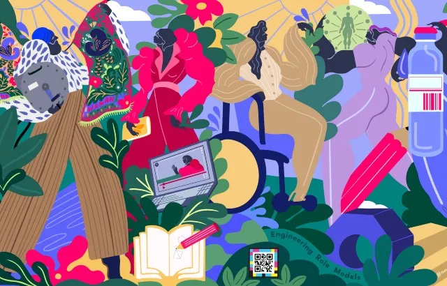 Artwork by Kelly Anna for the Royal Academy of Engineering, featuring Navjot Sawhney far left