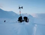 Field team working on instruments installed in the tundra soils to continuously monitor soil temperature and water content, in Svalbard, during winter. Credit: James Bradley
