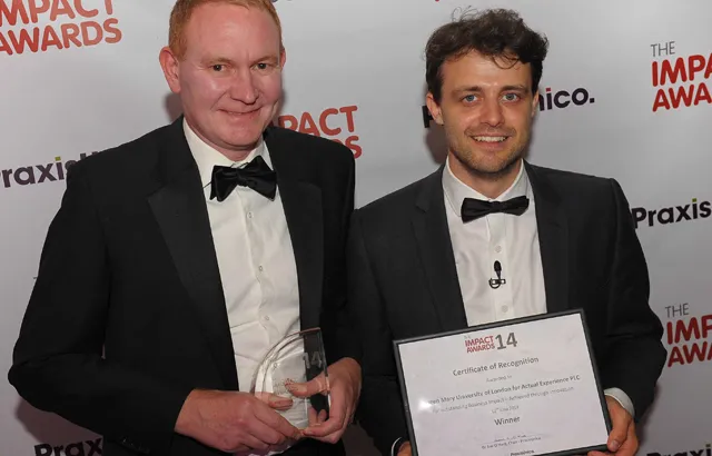 Adam Daykin,  Head of Technology Transfer (Tech & Eng) at QMI, with award host and TV presenter Steve Mould