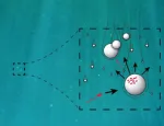 Illustration of motile bacteria encountering a sinking organic particle (“marine snow”), colonizing it, reproducing, and releasing offspring that disperse to search for additional particles.