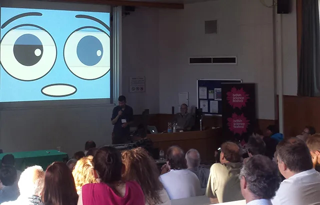 Professor Peter McOwan and Louis McCallum presented drumming robot nicknamed Mortimer at the British Science Festival in Birmingham