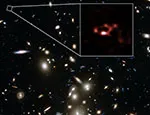 Spectacular view of the rich galaxy cluster Abell 2744 with A2744_YD4 highlighted (c) ALMA (ESO/NAOJ/NRAO), NASA, ESA, ESO and D. Coe (STScI)/J. Merten (Heidelberg/Bologna)