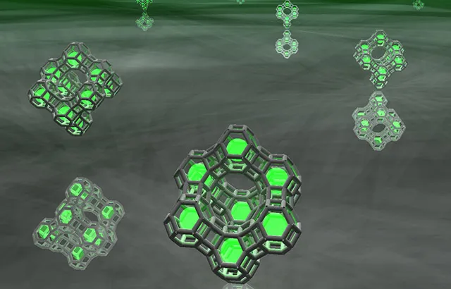 Artist impression of small clusters of silver atoms (green spheres) trapped in zeolite cages. Credit: Dr Oliver Fenwick