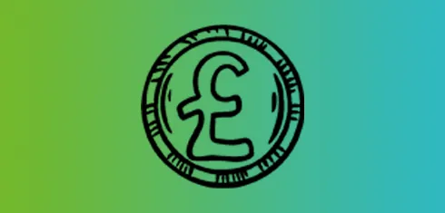 Line drawing of a pound coin on a green and blue gradient