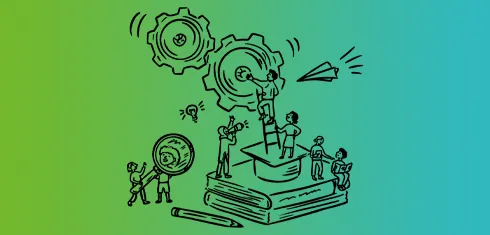 Line drawing of a group of people working together to make a system work on a green and blue gradient background