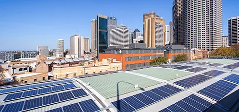 Solar panels on a roof top in Sydney, Australia.