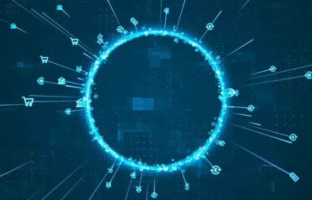 An electric blue ring with symbols of various currencies coming off.