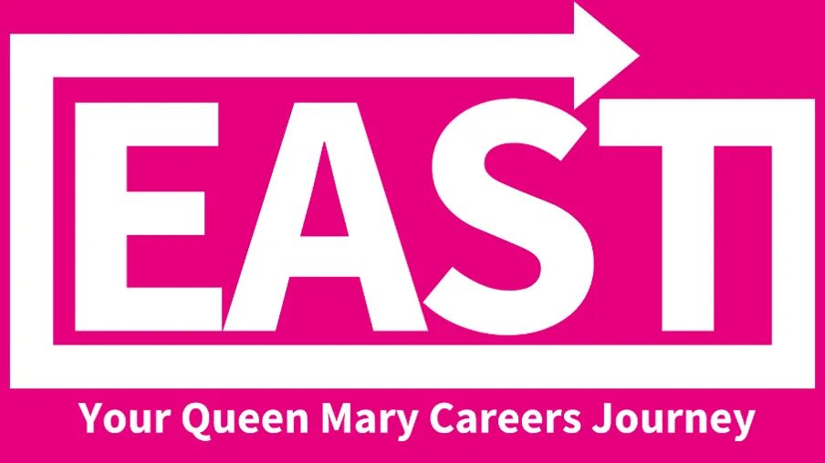 EAST logo in white text with Your Queen Mary Careers Journey underneath in white text