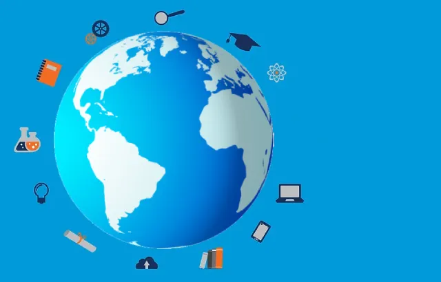 A graphic featuring symbols representing aspects of universities around a globe with the report title in the centre