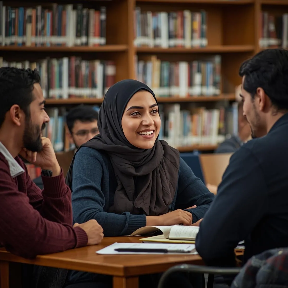 3 students talking around a table in the library