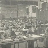 Peoples Palace Day School boys studying a classroom in the Peoples Palace c 1890s