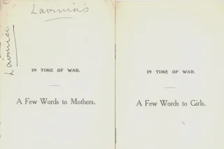 Title Page of booklet 'In Time of War: A few words to girls/mothers,' by Lavinia Talbot 1914
