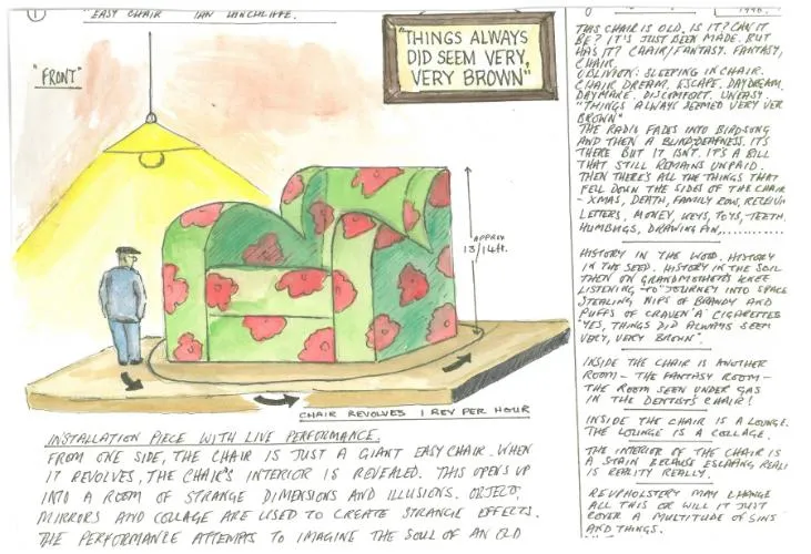 Diagram and notes by Ian Hinchcliffe showing large armchair with sign 