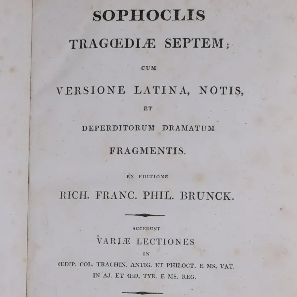 Title page of Sophoclis Tragœdiæ septem : cum versione Latina, notis, et deperditorum dramatum fragmentis