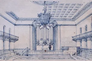 Blue pen sketch of Beaumont Institute Lecture Hall