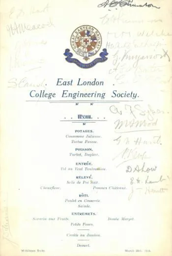 Engineering Society Dinner Menu 1914