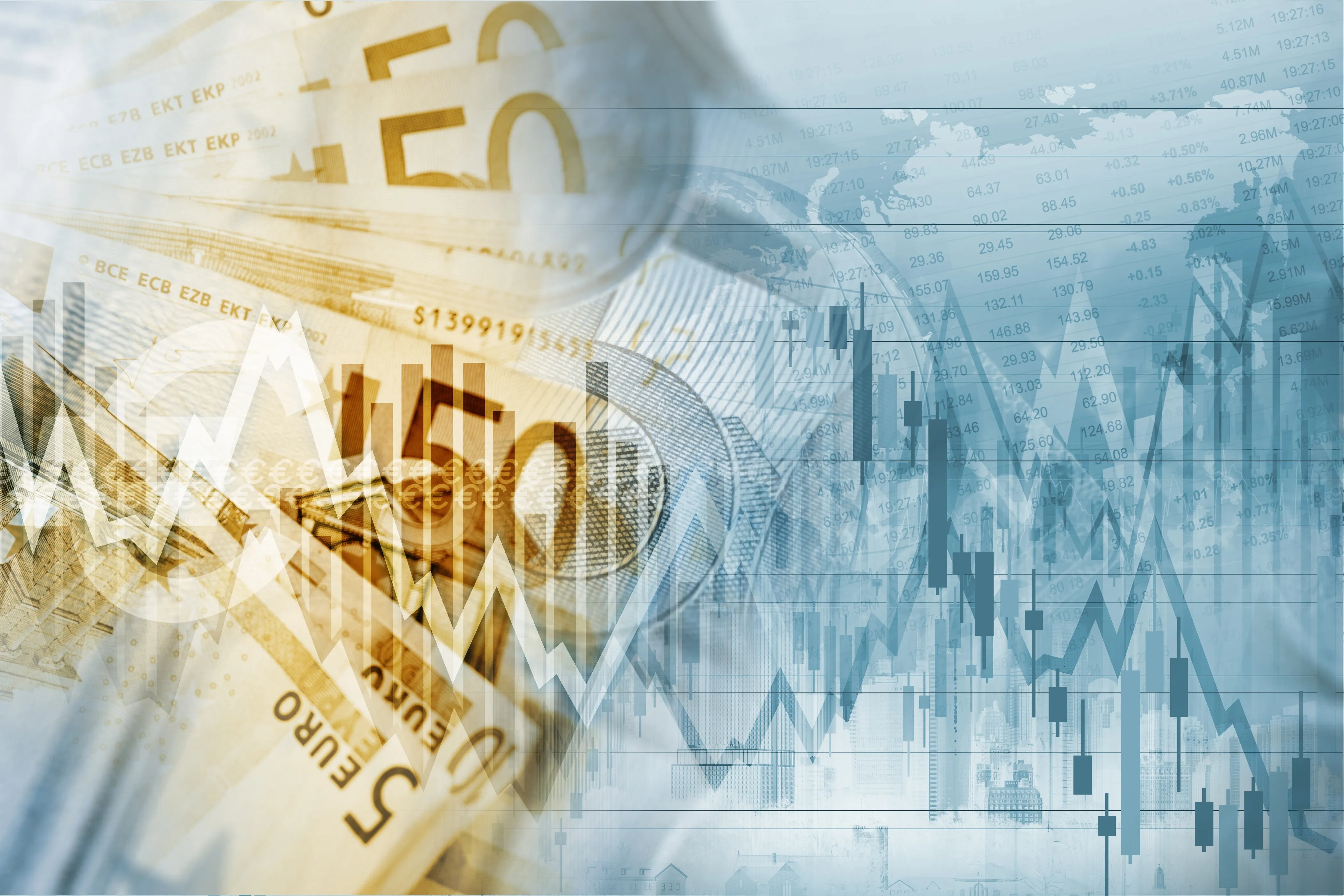A graphic showing bank notes, figures, symbols and graphs overlaid on a map of the world
