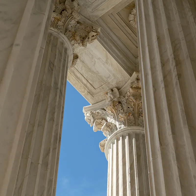 Pillars at the front of the United States Supreme Court building in Washington, D.C., USA.