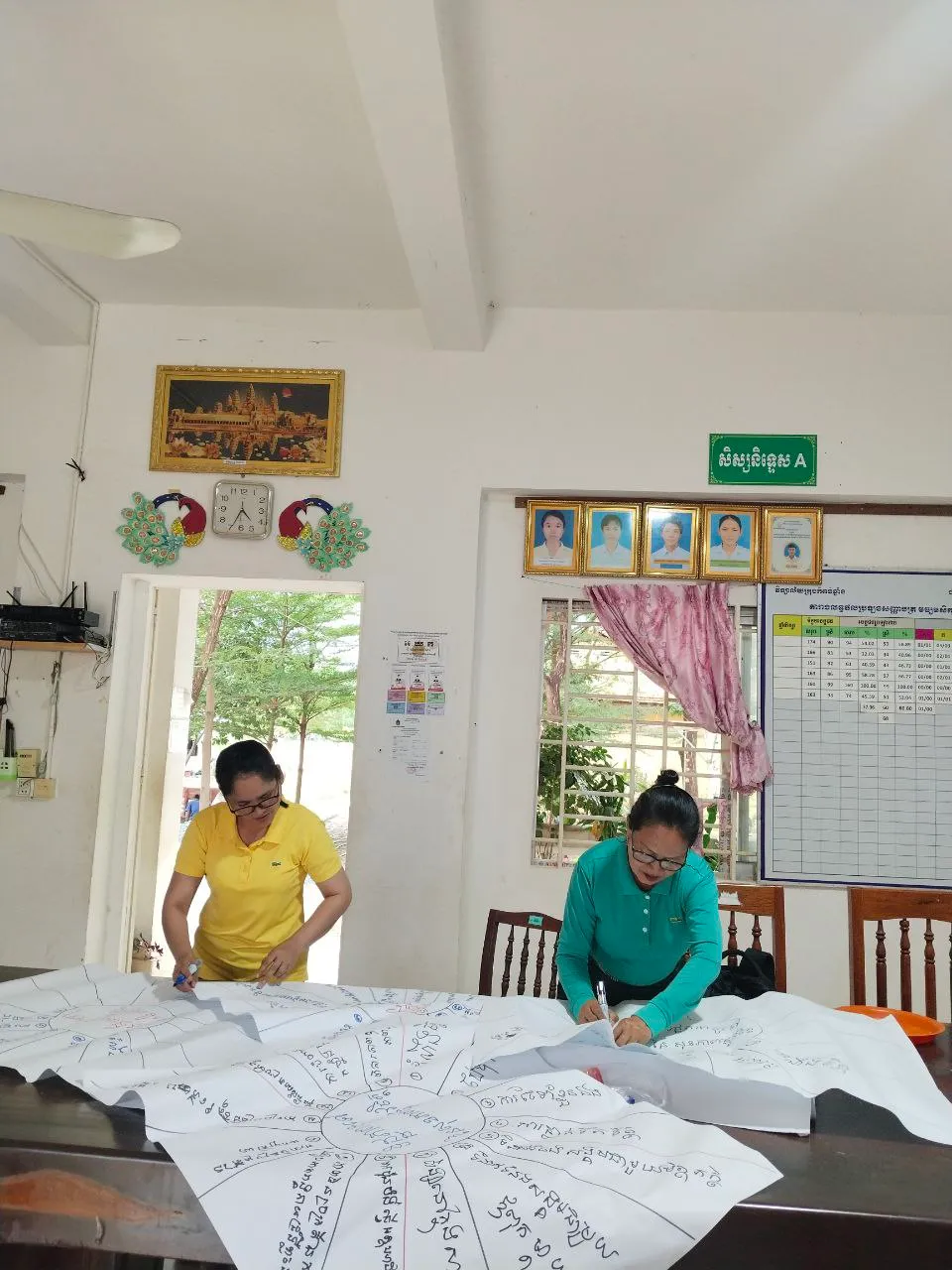 two trainers working on a poster on a desk