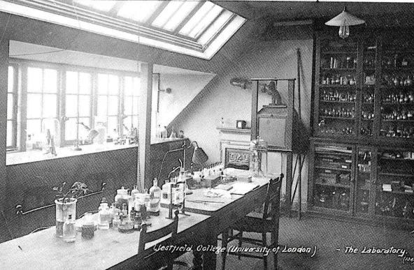 Black and white image of Westfield College's attic laboratory.