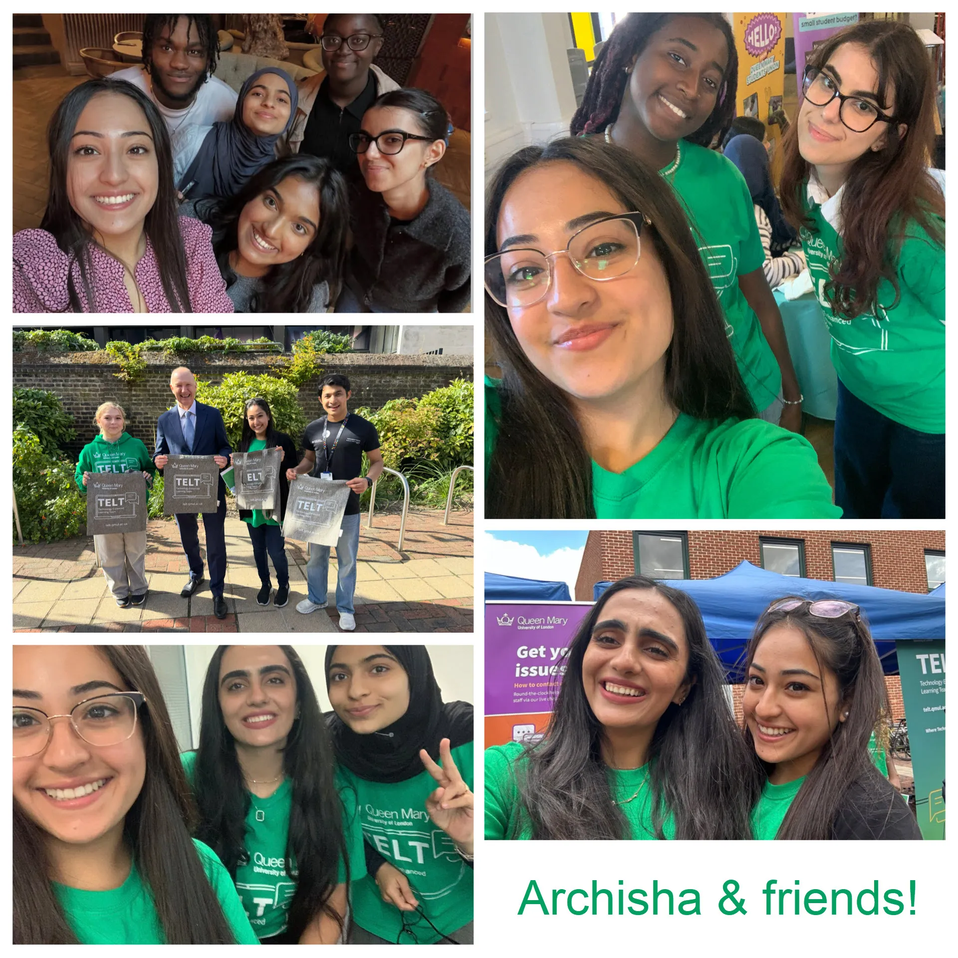 A collage of photos of Archisha with other TELT ambassadors