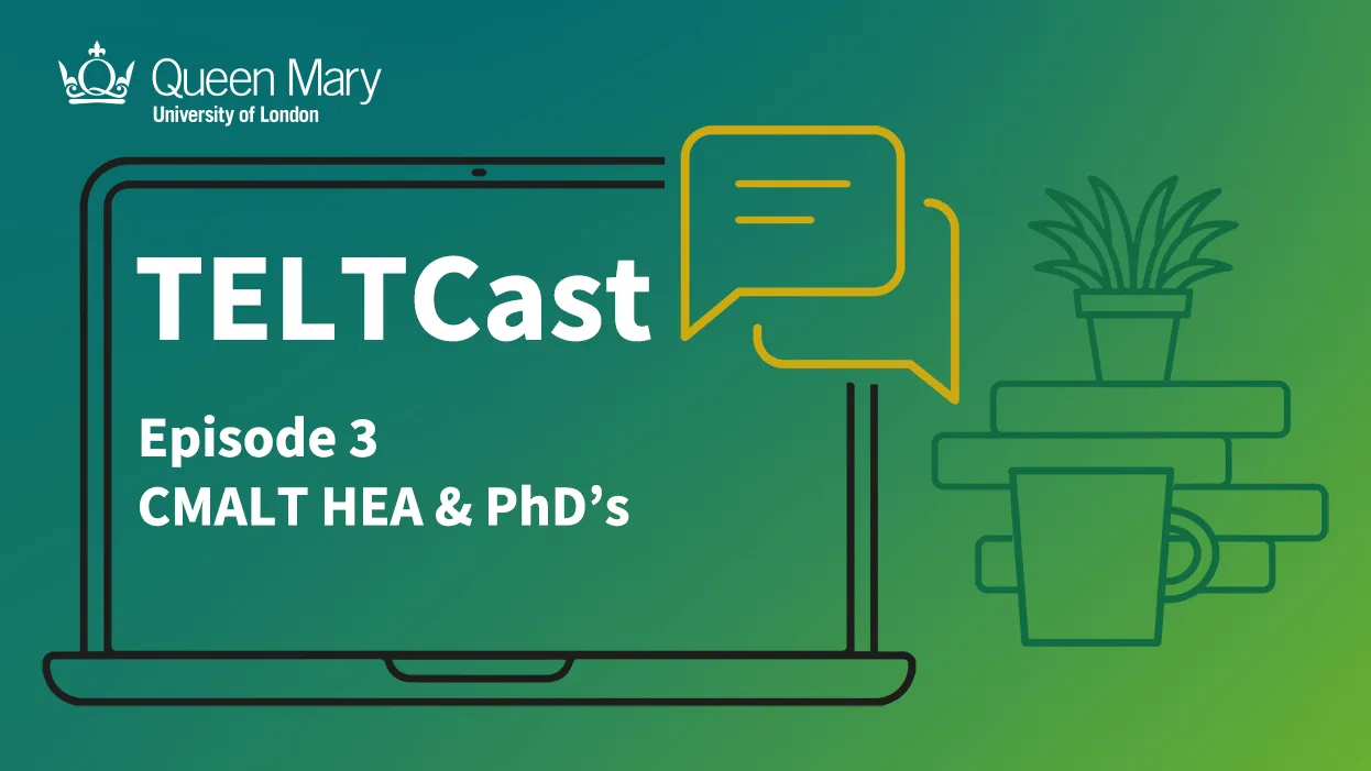 The TELT Logo as a background with TELCAST Episode 3 CMALT, HEA and PHD