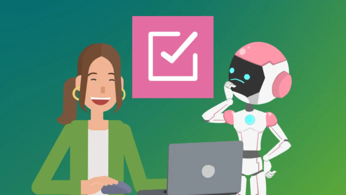 female avatar working on a laptop with a robot alongside