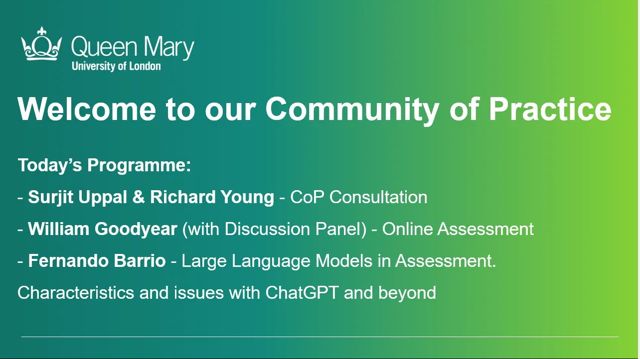 Slide from Queen Mary University of London welcoming attendees to a Community of Practice event