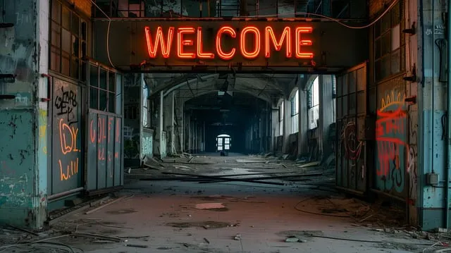 A red welcome sign in neon lights at the top of the picture. It appears to be the inside of a building possibly in the foyer.