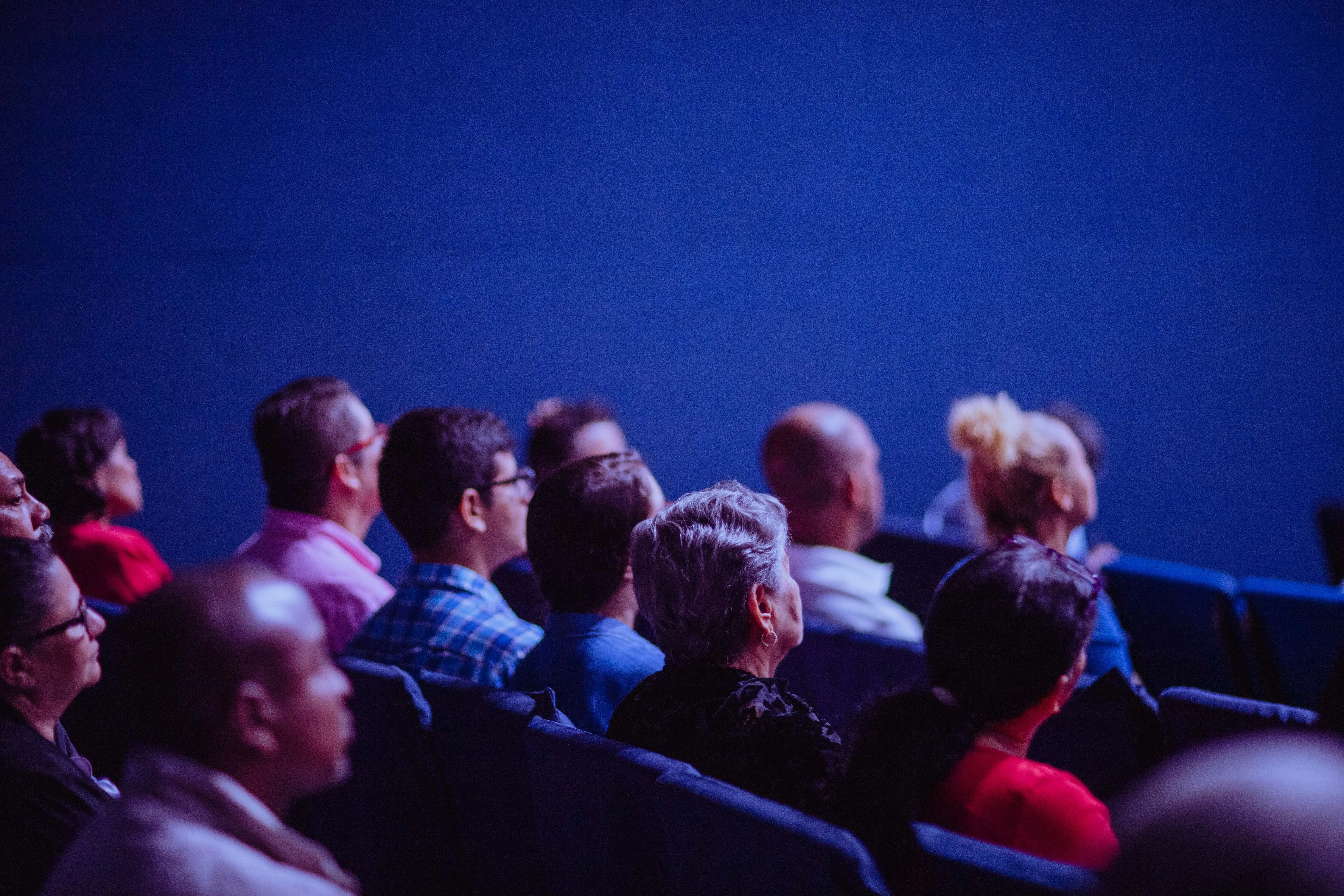 An audience of people sitting in a cinema or theater with a blue wall to the side of them.