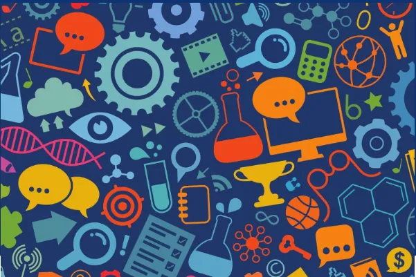 Colourful abstract pattern featuring science, technology, and education icons