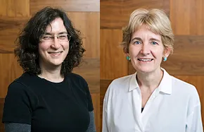Headshots of Kate Malleson wearing white and Lizzie Barmes wearing black looking at camera.