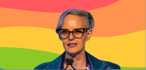 A picture of Prof Chloe Orkin, against a rainbow background
