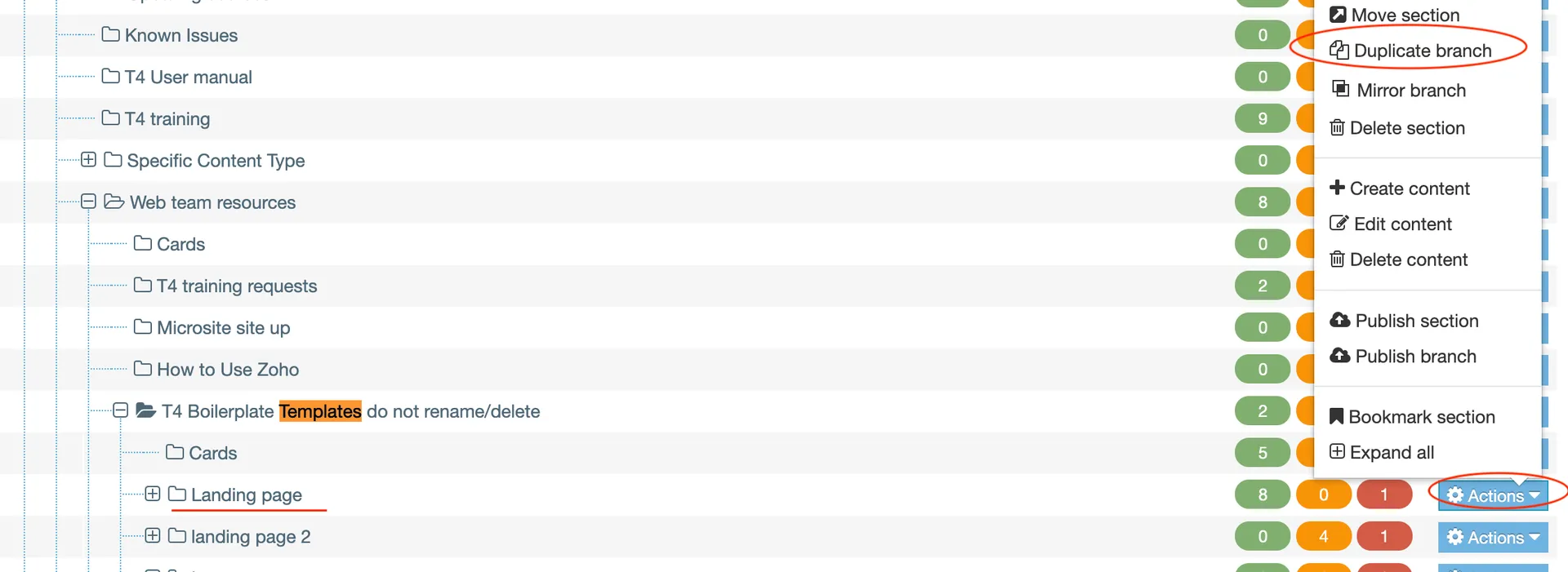 the actions button selected displaying the possible options to do with a section eg as duplicating the section
