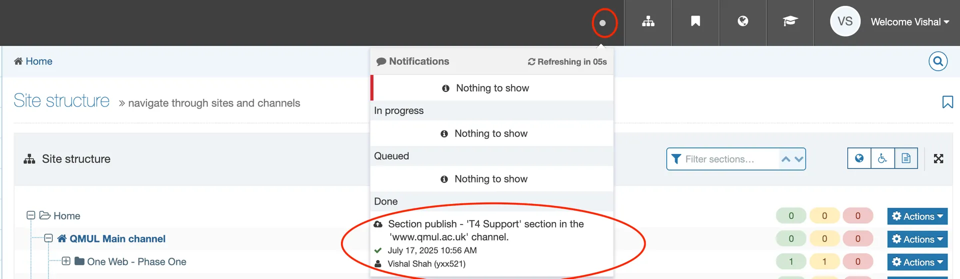 screenshot of a published section notification