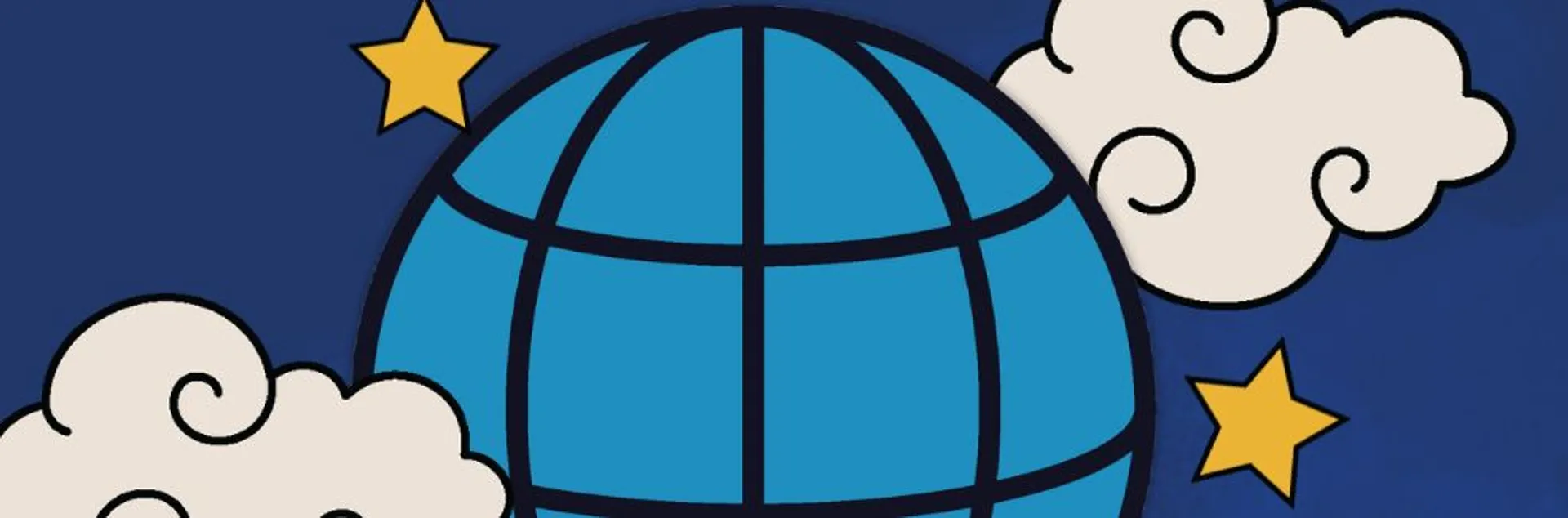 Graphic of world with clouds and stars