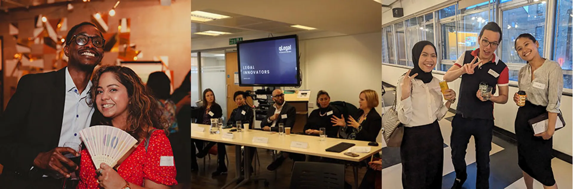 Pictures of two students smiling at an event, a panel discussion and three students at an event side by side