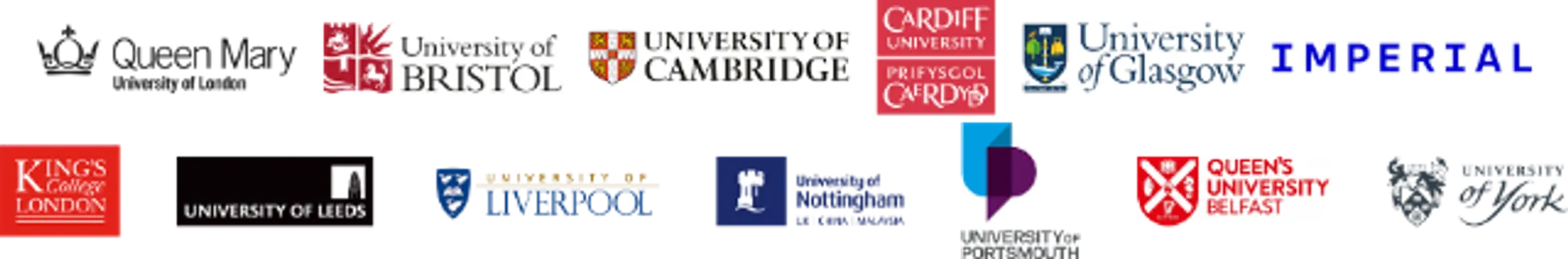 the insititutional logos of Queen Mary University of London, Unviersity of Bristol, University of Cambridge, Cardiff University, University of Glasgow, Imperial College London, King's College London, University of Leeds, University of Liverpool, University of Nottingham, Portsmouth University, Queens University Belfast, and University of York