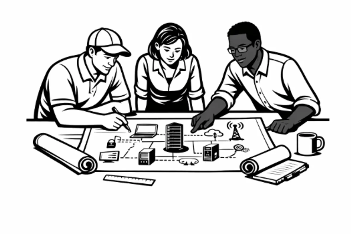 Team of architects looking at a diagram