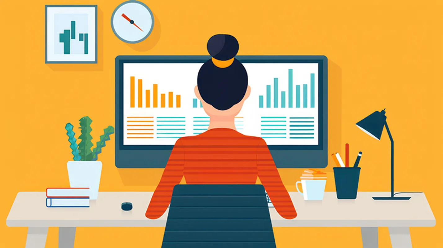 graphic of a person viewing charts on a screen