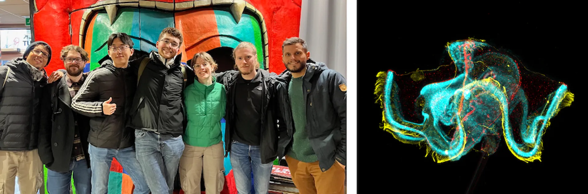 Photo of members of the Martin lab next to an image of a Owenia fusiformis larva