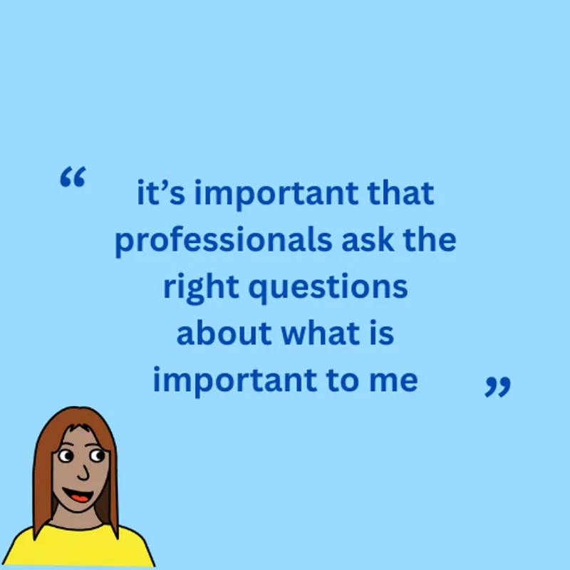 A quote with a blue background that says “it’s important that professionals ask the right questions about what is important to me” and has a cartoon person in the bottom left corner