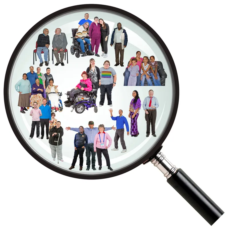 A diverse group of people within a magnifying glass.