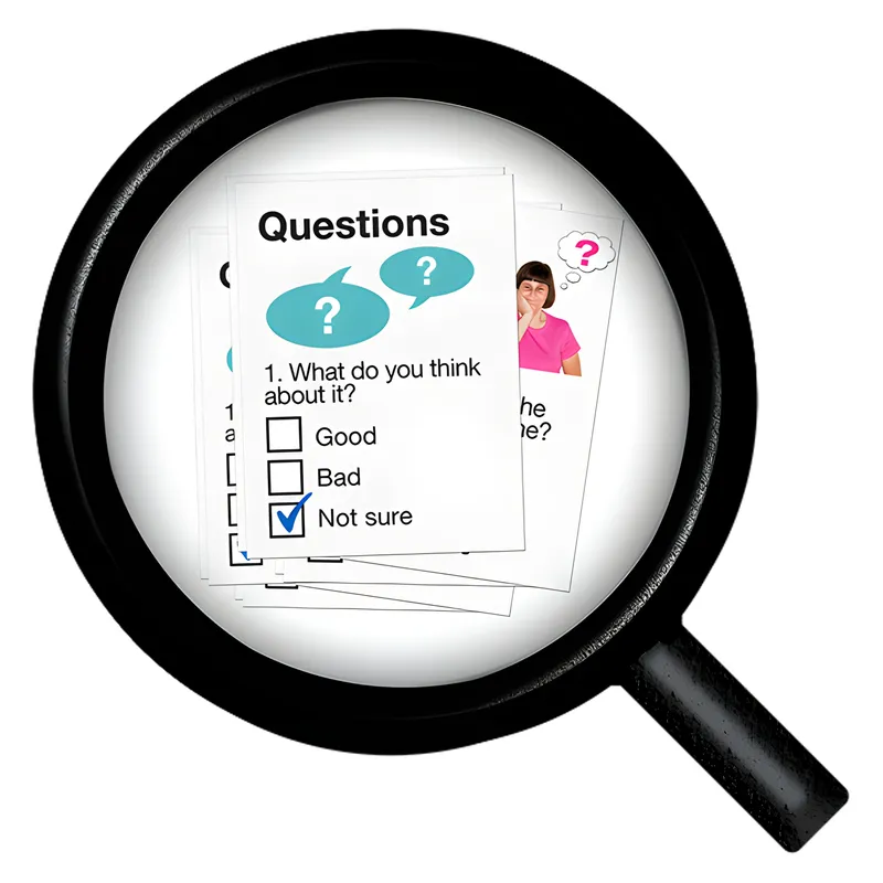 Magnifying glass focusing on a question card with checkboxes.